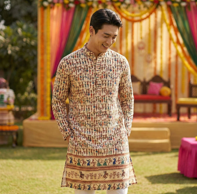 Men’s Cream Figurative Printed Kurta