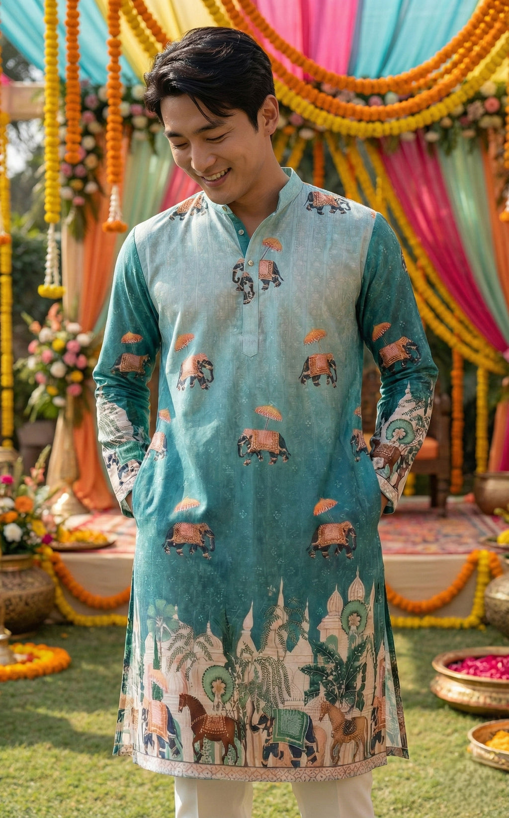 Men Blue Elephant Motif Printed Kurta
