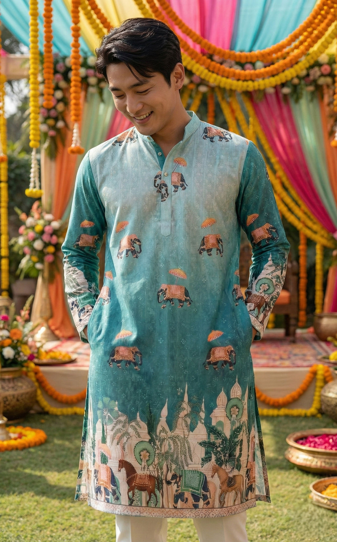 Men’s Blue Elephant Motif Printed Kurta