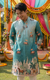 Men Blue Elephant Motif Printed Kurta 5