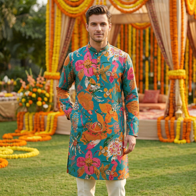 Men Teal Green Floral Printed Kurta
