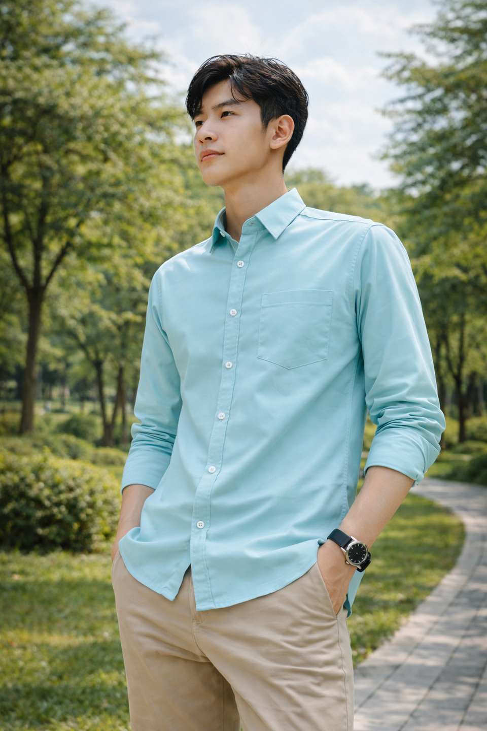 Men's mint blue slim-fit casual shirt, product view