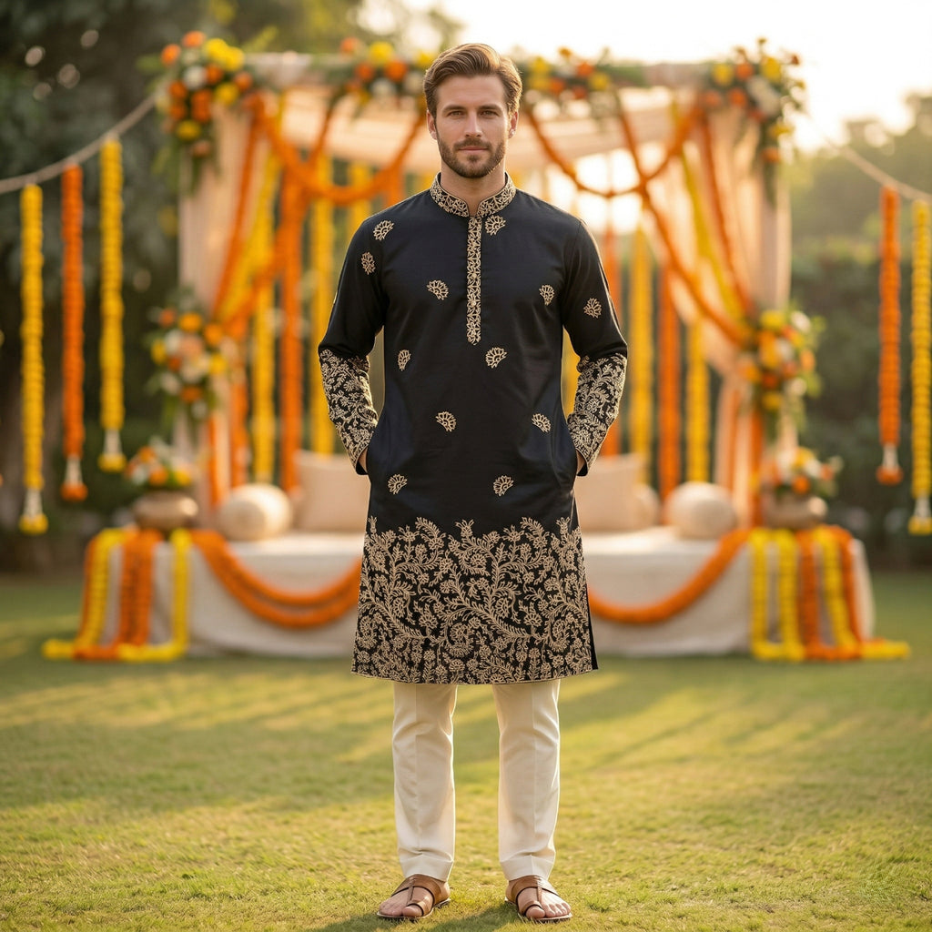 Men Black Embroidered Ethnic Kurta with Gold Detailing
