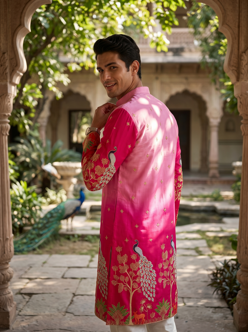 Men's Ombre Pink Peacock Embroidered Art Silk Kurta 6