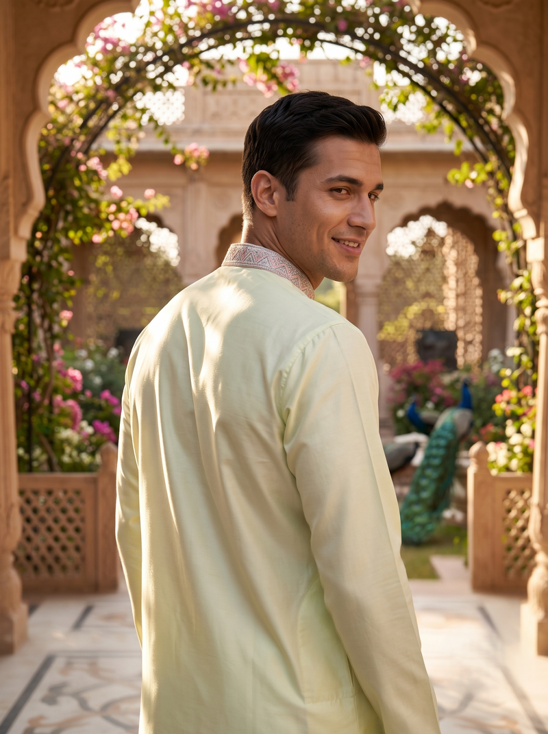 Men's Ivory Art Silk Blend Festive Embroidered Kurta 14