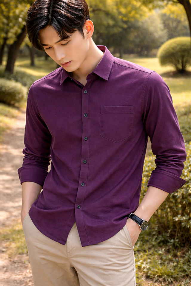 Men's plum slim-fit casual shirt, product view