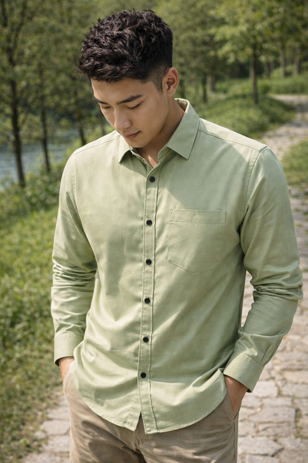 Men's light green slim-fit casual shirt, product view