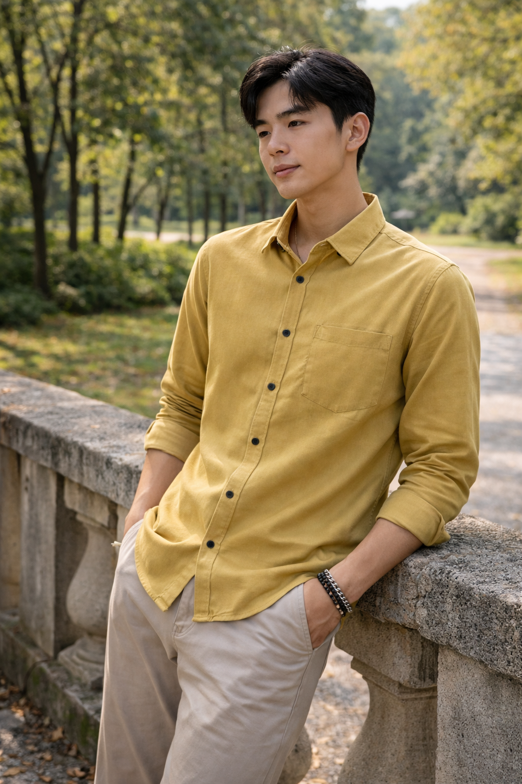 Men's mustard yellow slim-fit casual shirt, product view