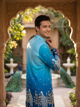 Men's Ombre Blue Peacock & Forest Embroidered Art Silk Kurta 3