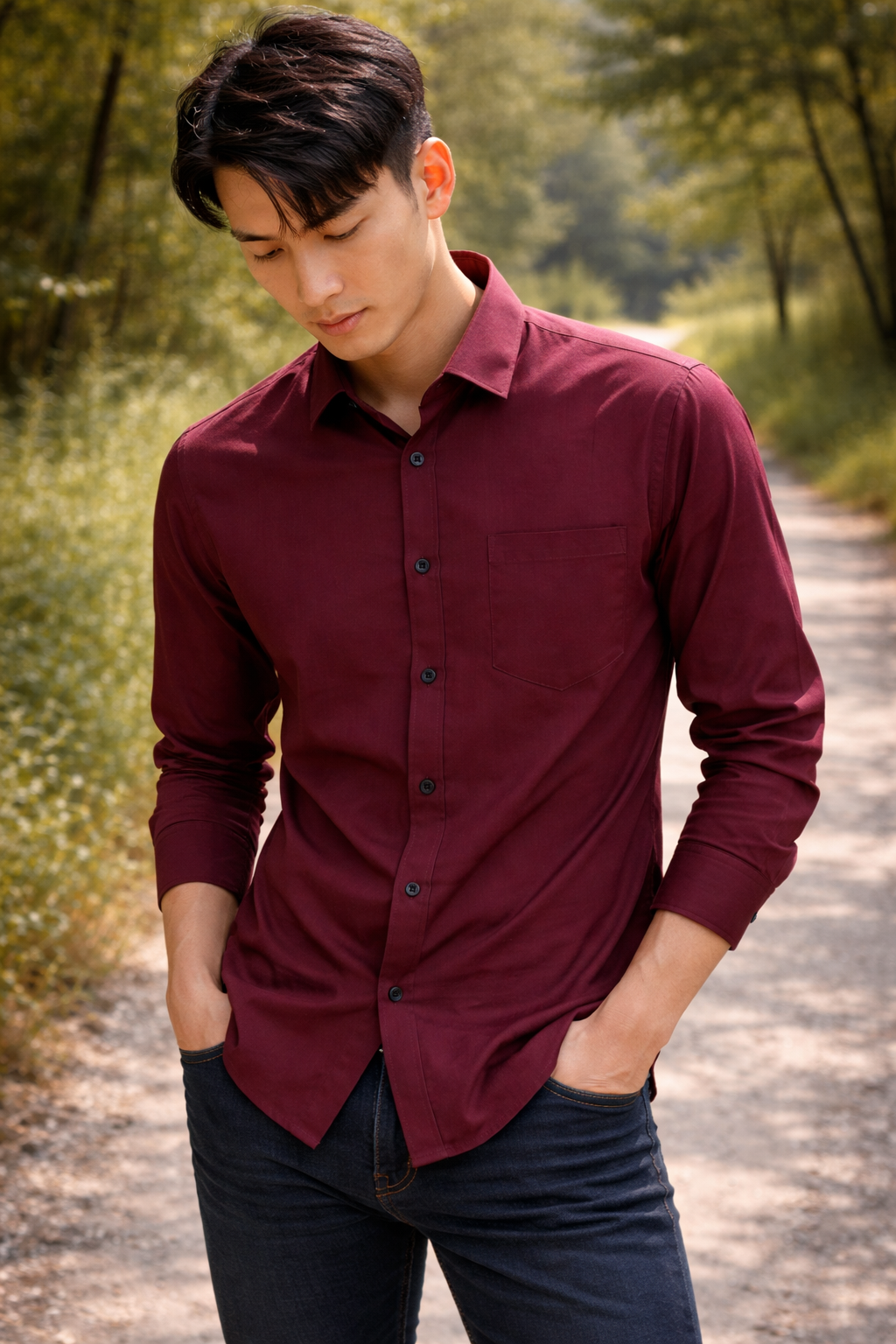 Men's maroon slim-fit casual shirt, product view