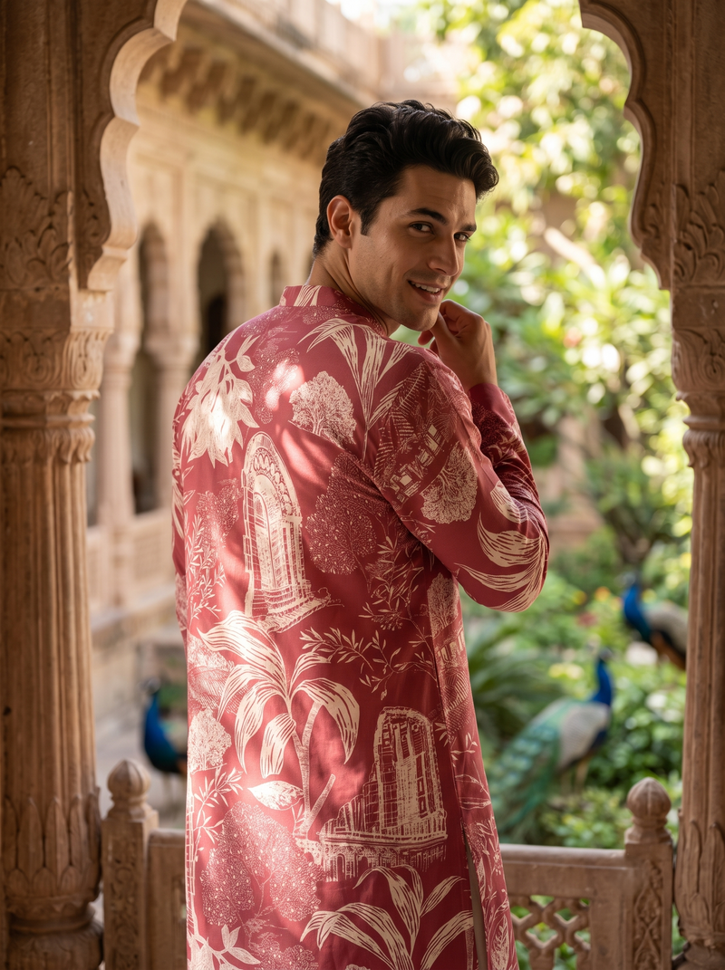 Men's Maroon Floral & Architectural Print Art Silk Blend Kurta 7
