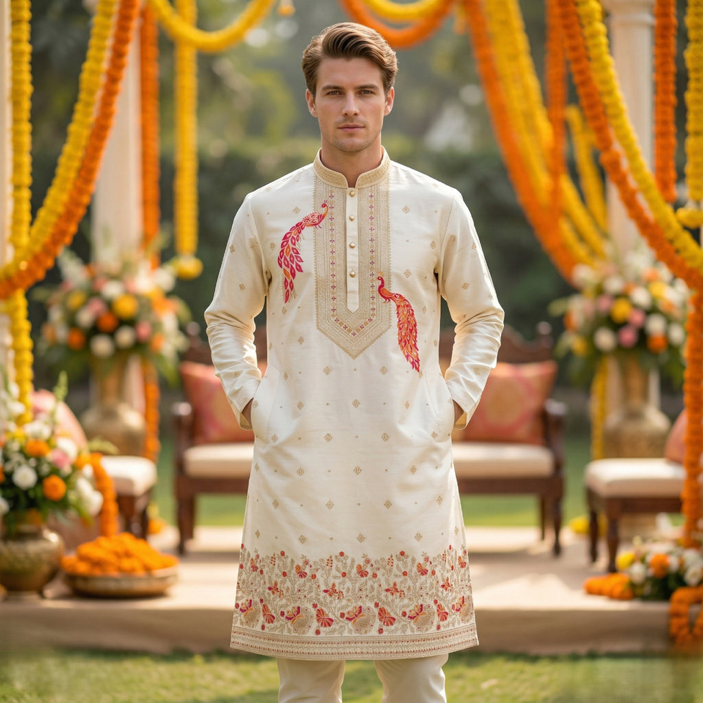 Men Cream Peacock Embroidered Ethnic Kurta with Floral Border