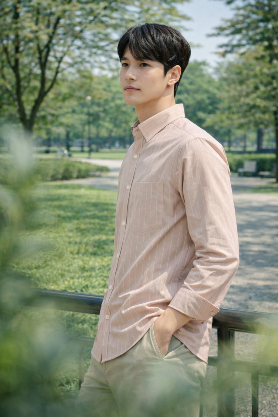 Mens Light Pink Striped Slim Fit Casual Shirt