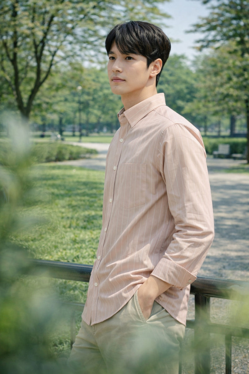 Mens Light Pink Striped Slim Fit Casual Shirt 8