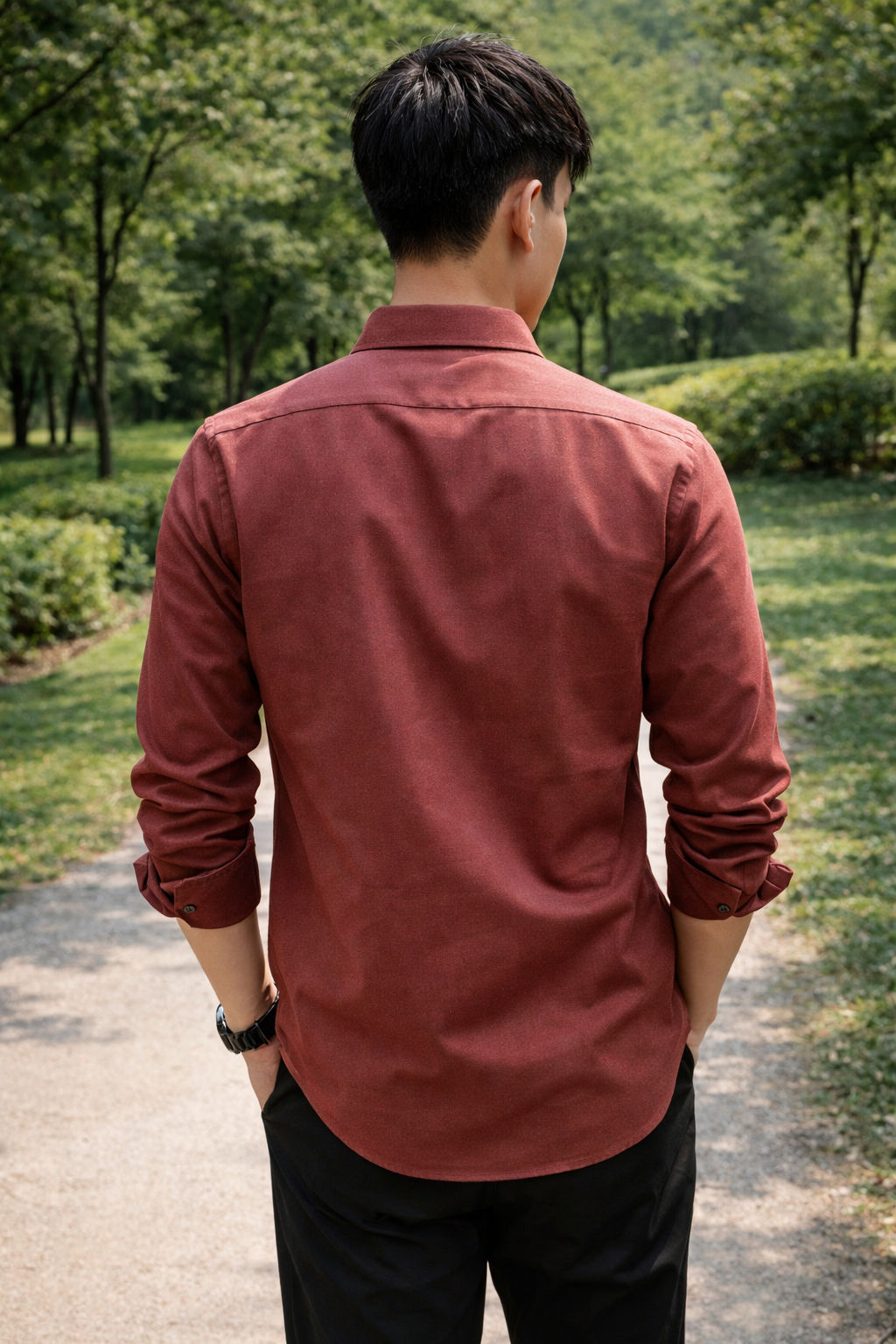 Men's burnt red slim-fit casual shirt, product view