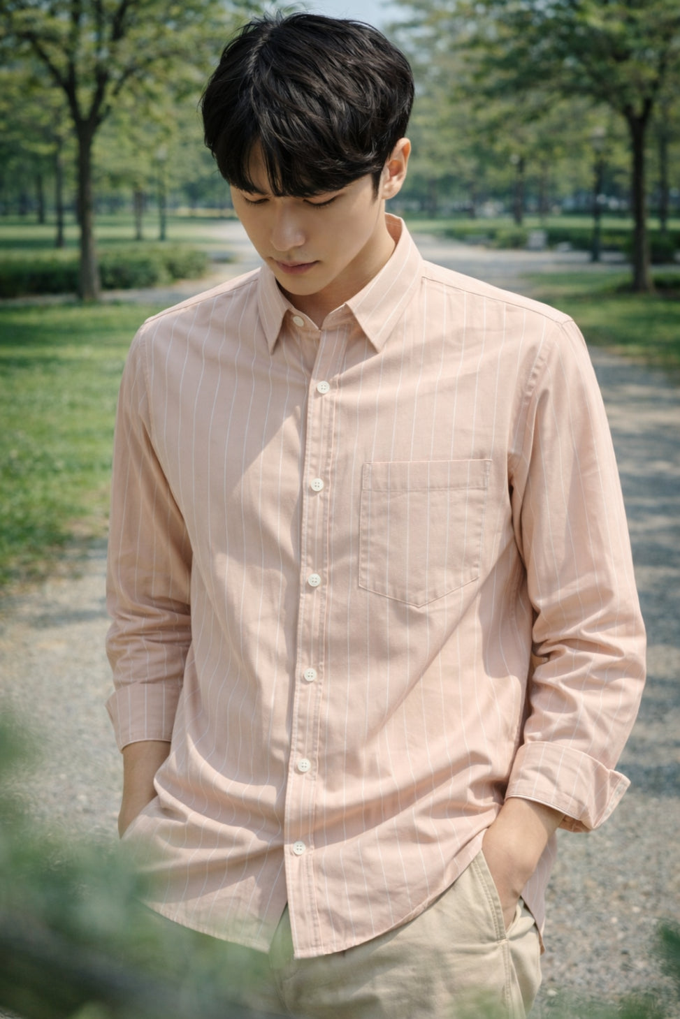 Mens Light Pink Striped Slim Fit Casual Shirt