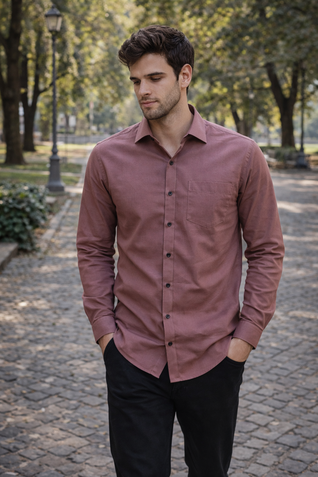 Men Mauve Solid Spread Collar Slim Fit Casual Shirt