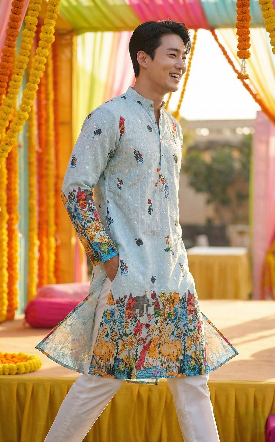 Men’s Pastel Blue Animal & Floral Printed Kurta