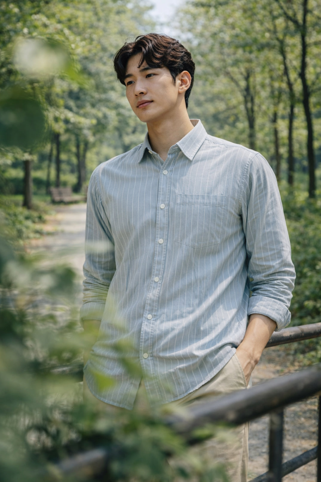 Mens Light Grey Striped Slim Fit Casual Shirt