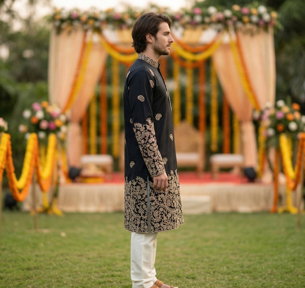 Men Black Embroidered Ethnic Kurta with Gold Detailing