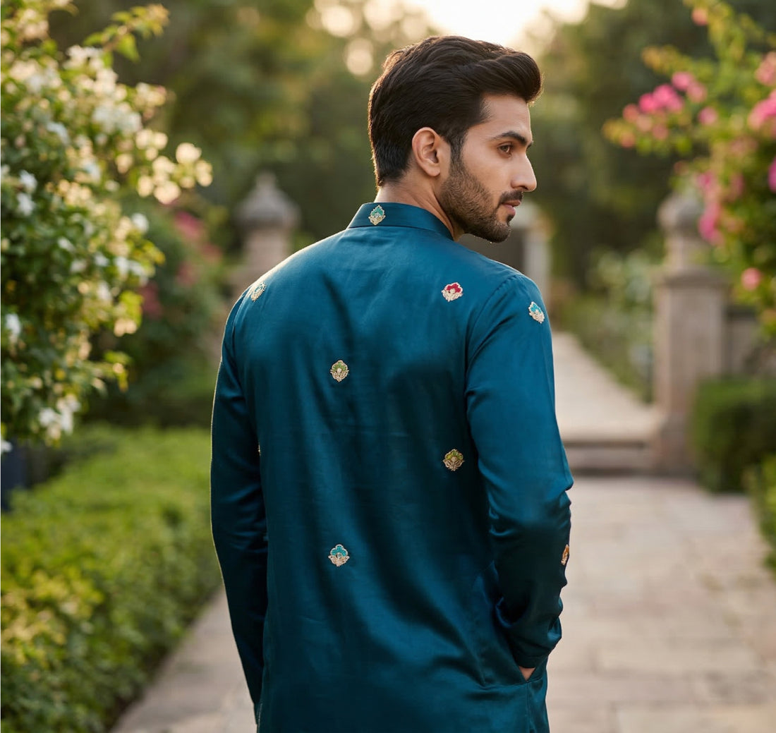 Men Blue Kurta for Festive & Wedding Wear with Ethnic Border