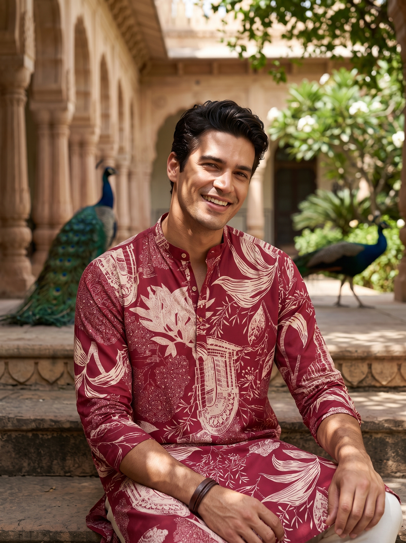 Men's Maroon Floral & Architectural Print Art Silk Blend Kurta 8