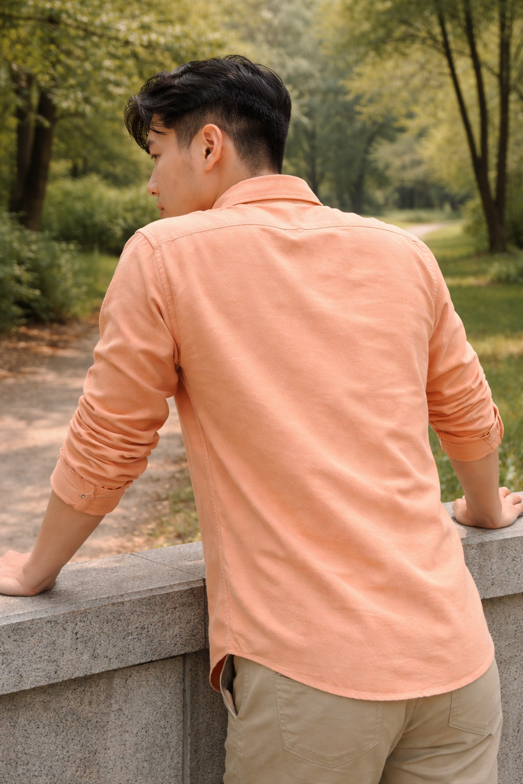 Men's peach slim-fit casual shirt, product view