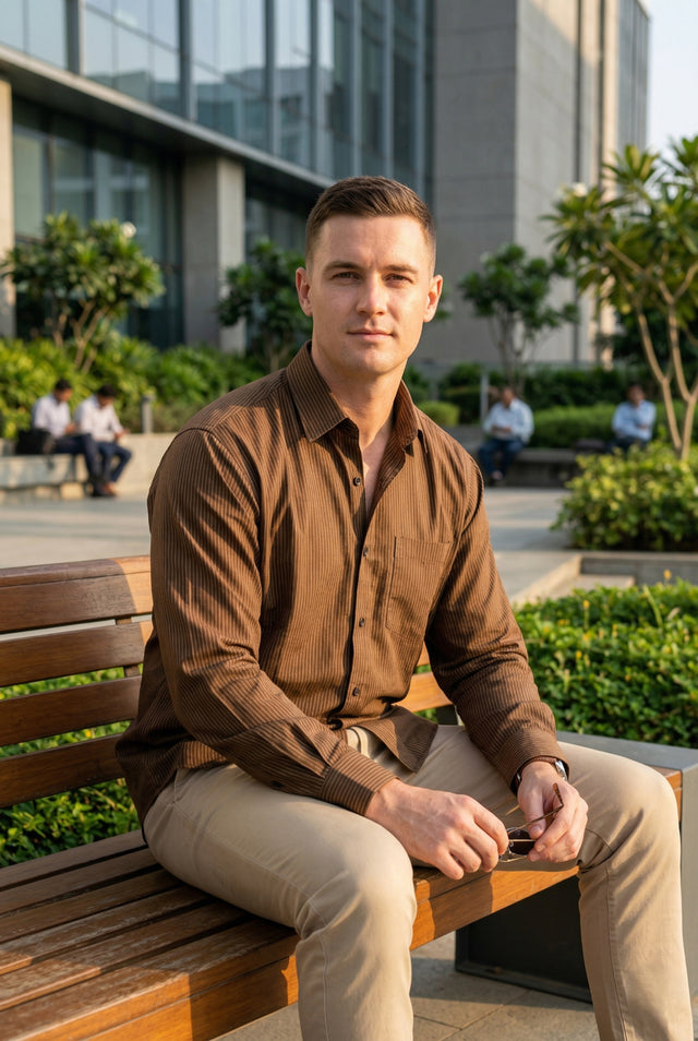 Men Dark Brown Textured Striped Slim Fit Casual Shirt