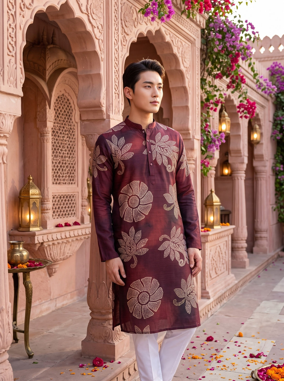 Men's Wine Maroon Beige Botanical Print Viscose Rayon Blend Kurta