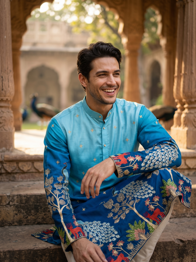 Men's Ombre Blue Peacock & Forest Embroidered Art Silk Kurta 4