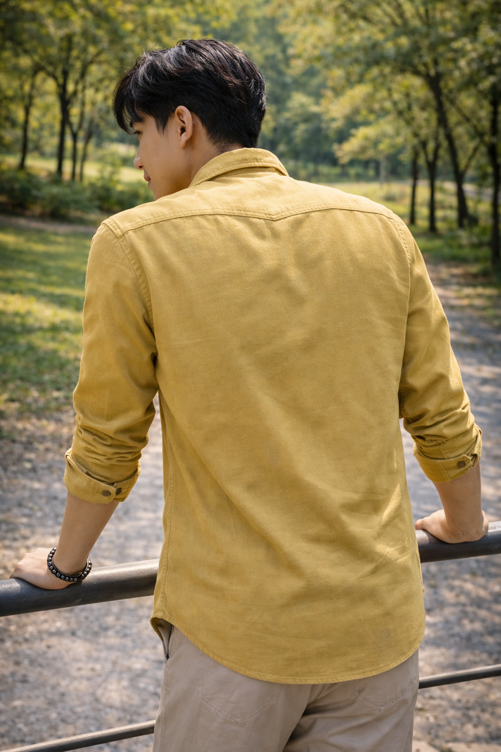 Men's mustard yellow slim-fit casual shirt, product view