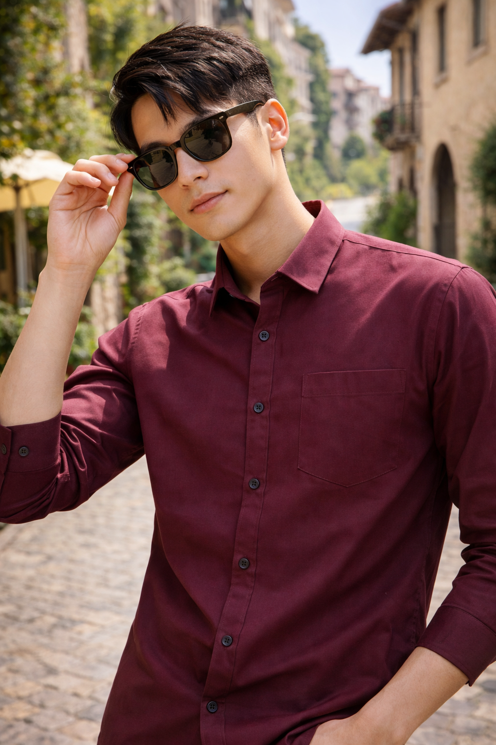 Men's maroon slim-fit casual shirt, product view
