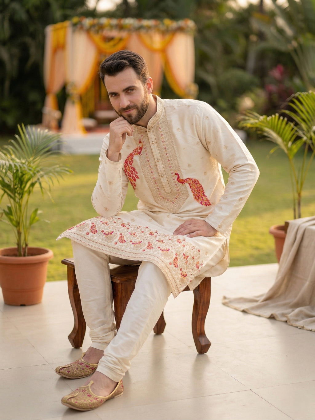 Men Cream Peacock Embroidered Ethnic Kurta with Floral Border