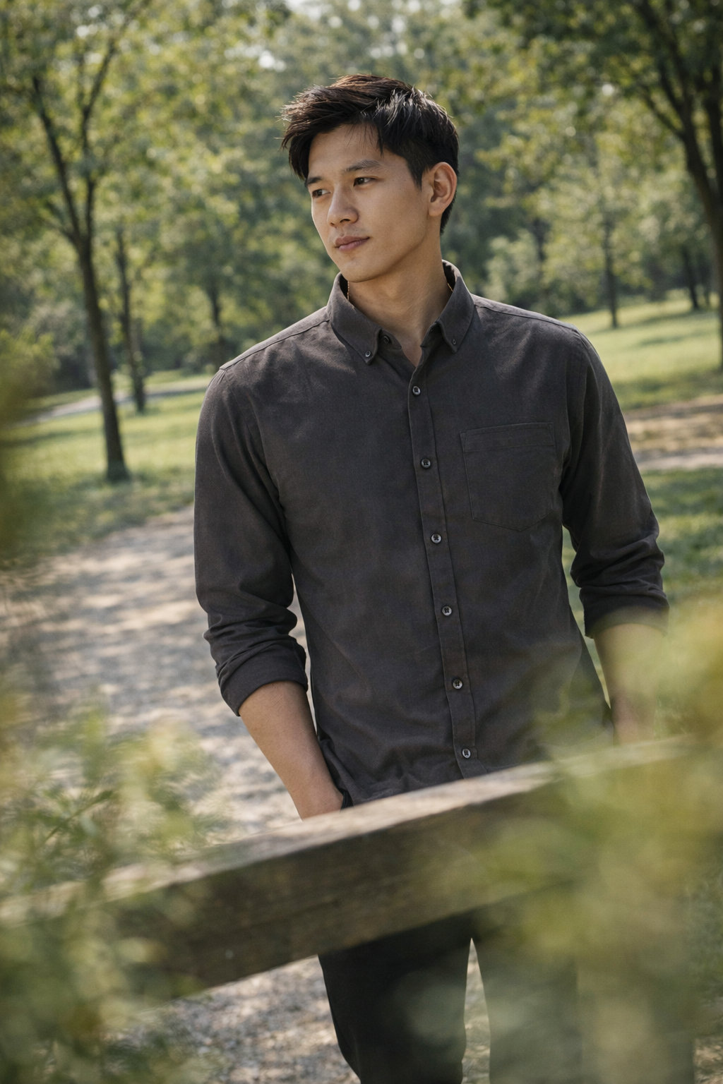 Men's charcoal slim-fit casual shirt, product view