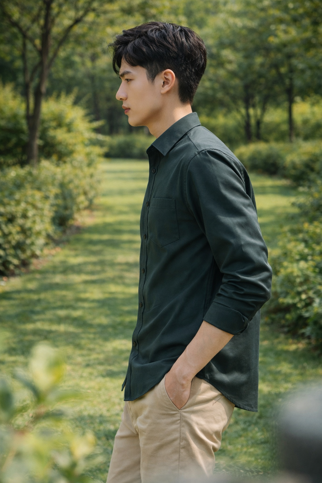 Men's dark green slim-fit casual shirt, product view