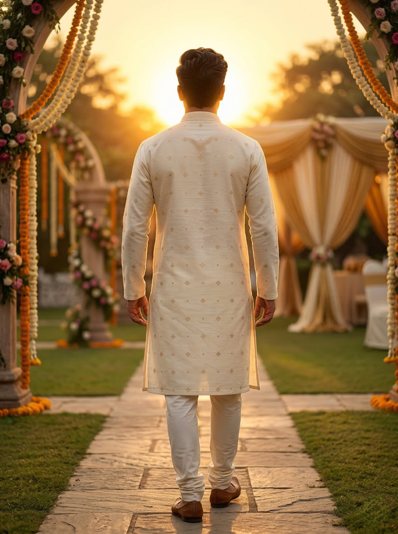 Men Cream Peacock Embroidered Ethnic Kurta with Floral Border 7