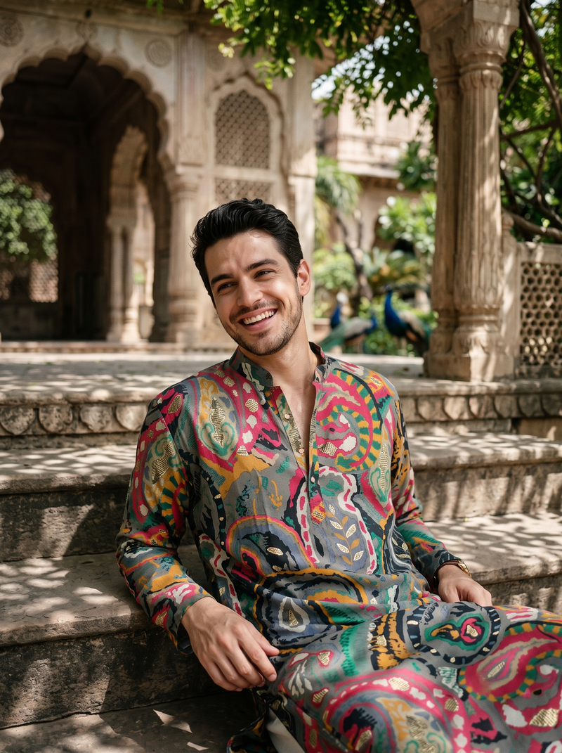 Men's Vibrant Multicolor Paisley Print Art Silk Blend Kurta 8