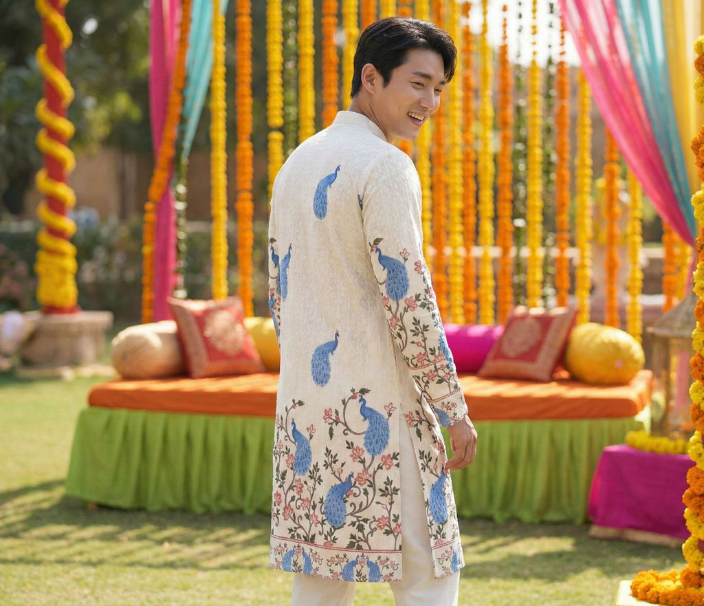 Men Cream Peacock Motif Printed Ethnic Kurta