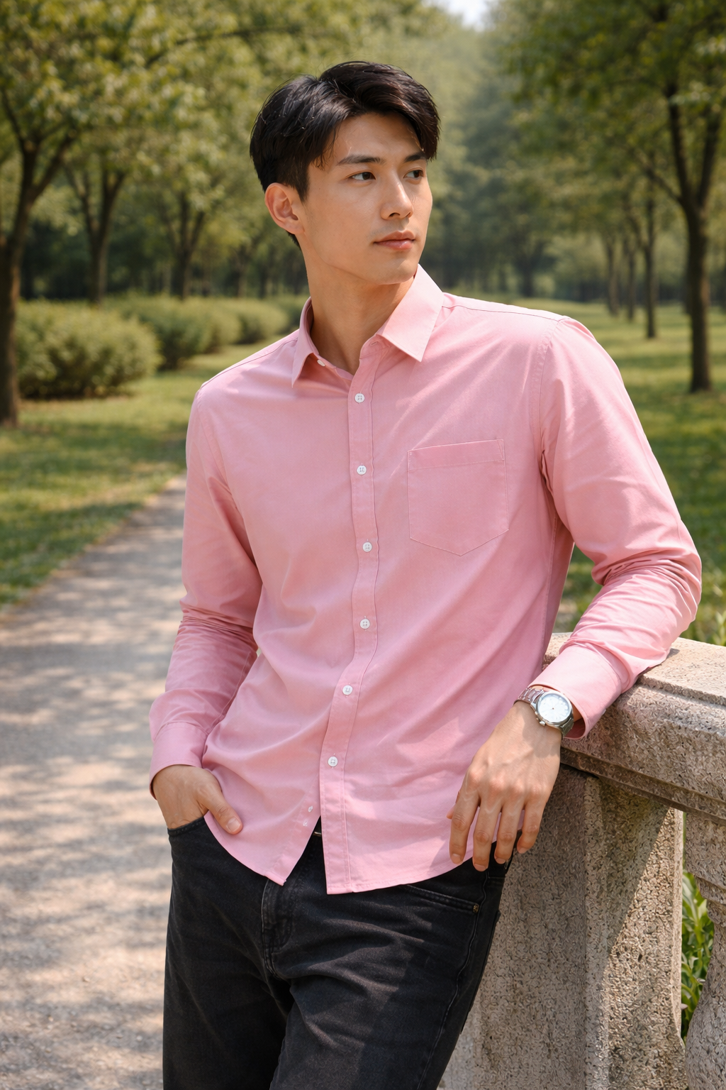 Men's pink slim-fit casual shirt, product view