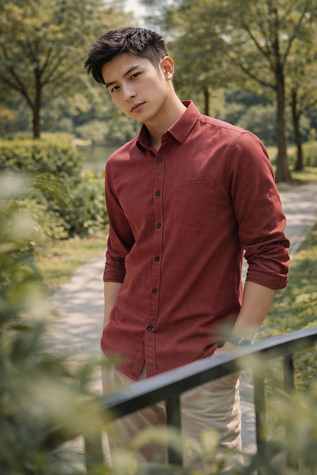 Men's rust red slim-fit casual shirt, product view