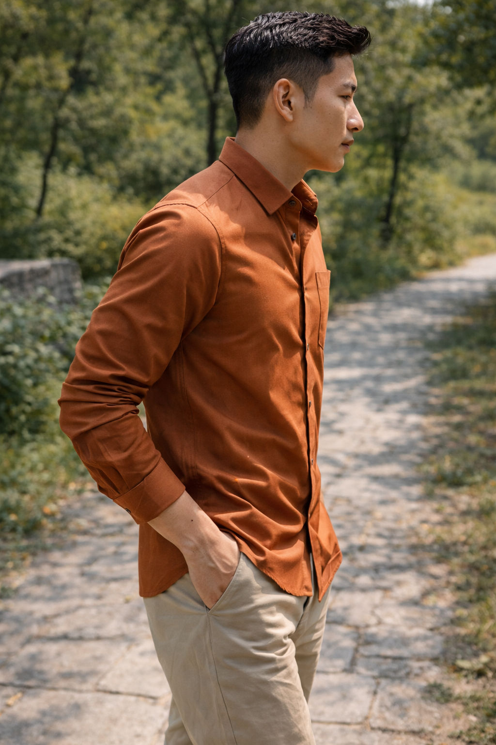 Men's burnt orange slim-fit casual shirt, product view