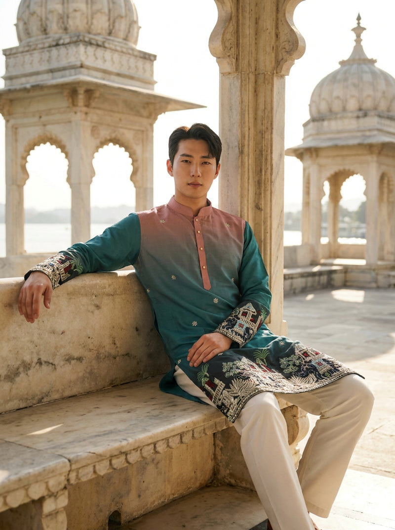 Men's Ombre Teal-Pink Kurta with Intricate Folk Art Embroidery 7
