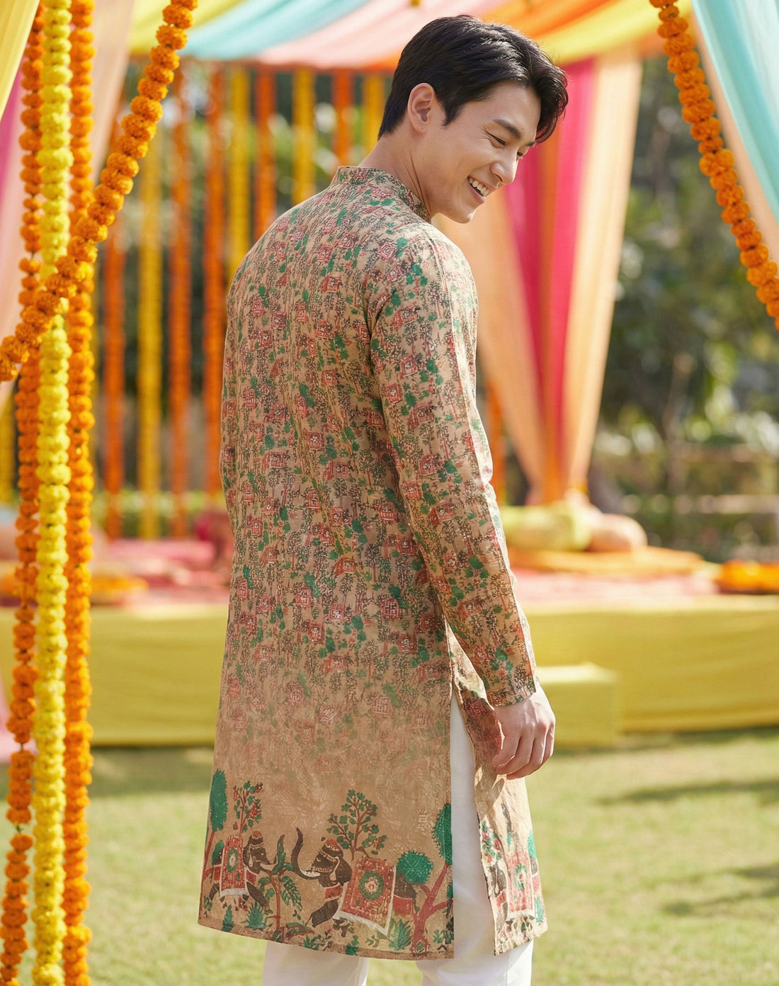 Men’s Beige Village Motif Printed Kurta