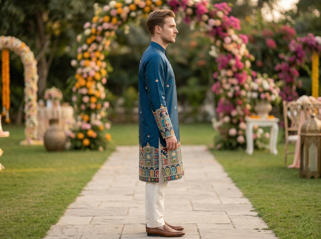 Men Blue Kurta for Festive & Wedding Wear with Ethnic Border