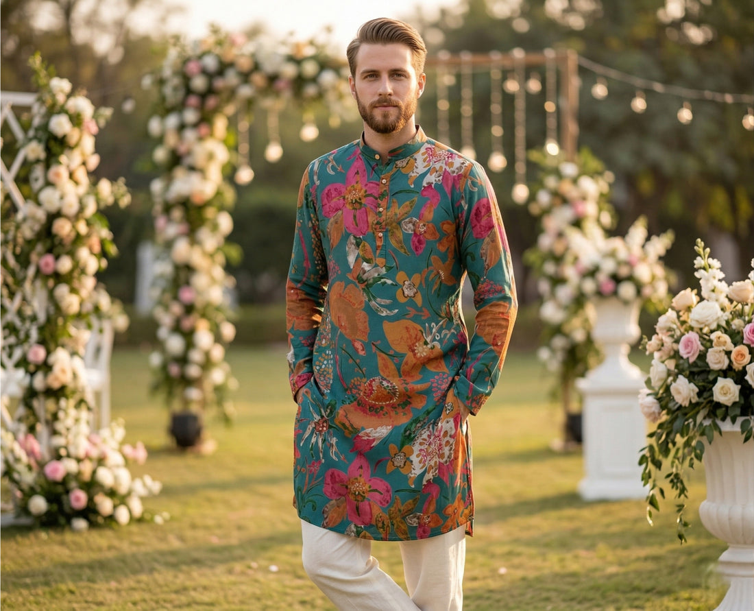 Men Teal Green Floral Printed Kurta