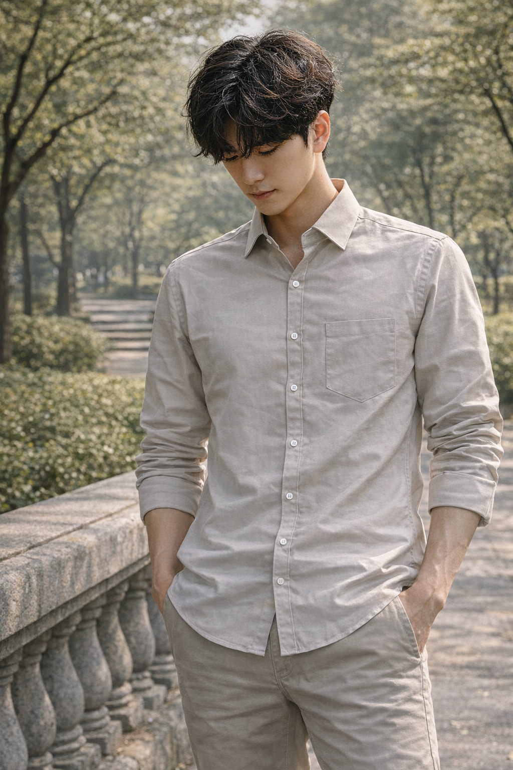Men's cream slim-fit casual shirt, product view