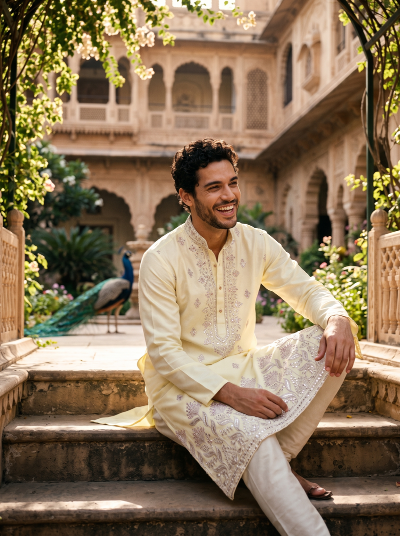Men's Ivory Art Silk Blend Festive Embroidered Kurta 15