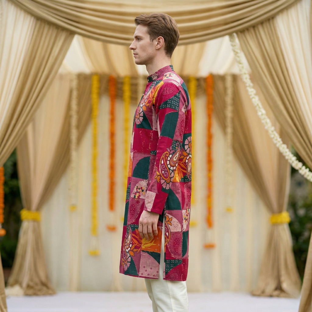 Men Maroon Patchwork Printed Ethnic Kurta