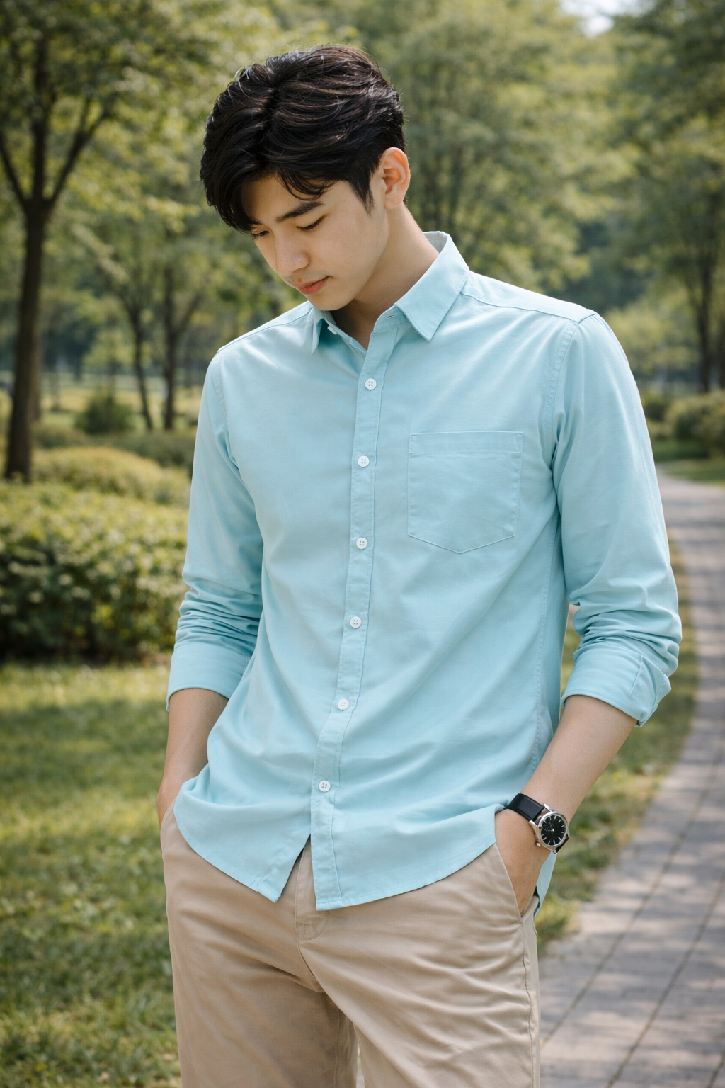 Men's mint blue slim-fit casual shirt, product view
