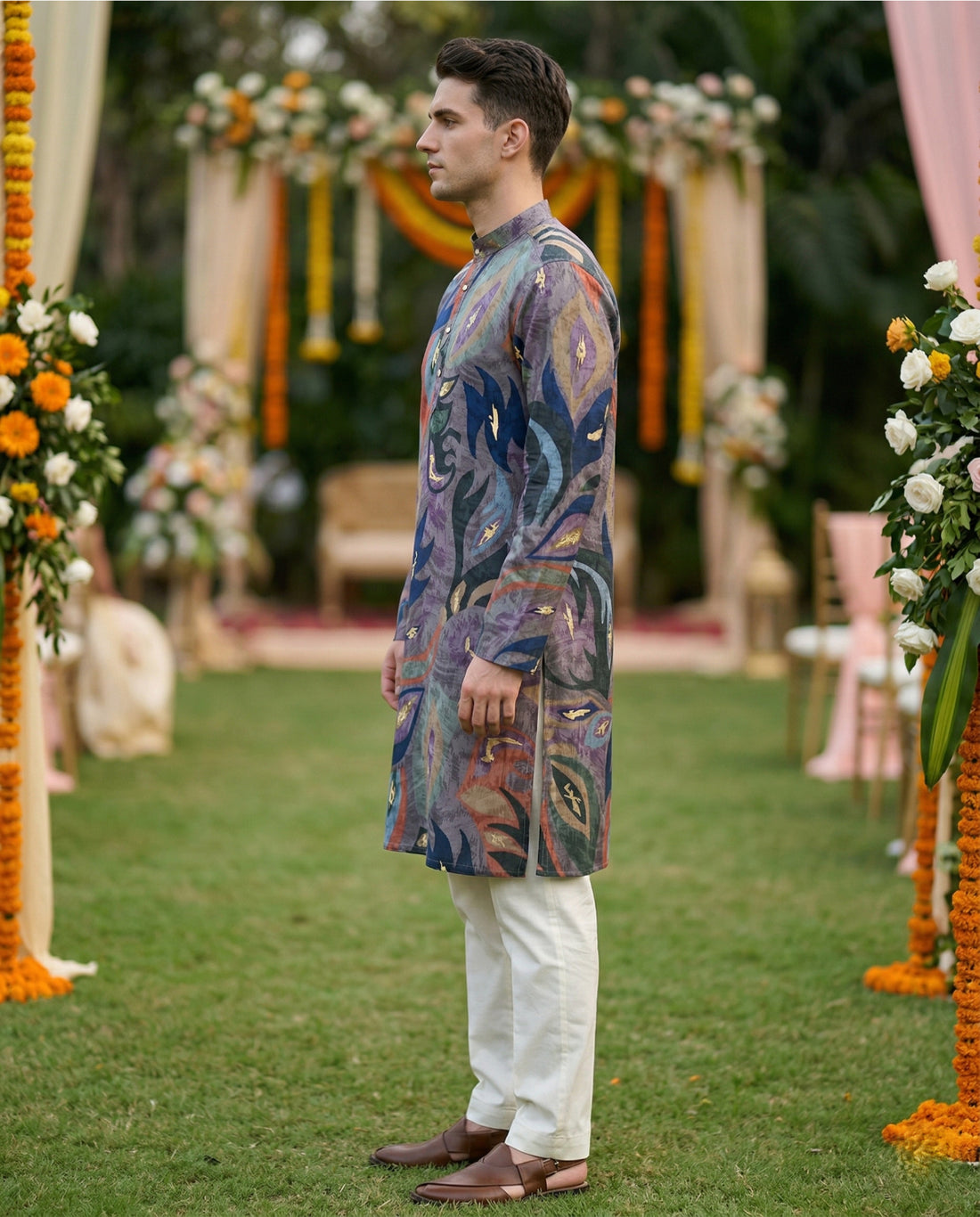 Men’s Grey Abstract Leaf Printed Kurta